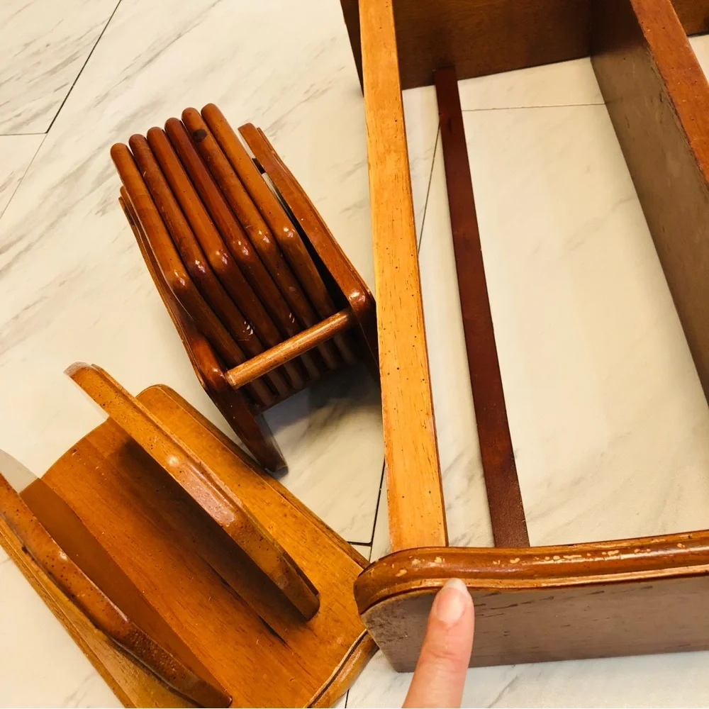 VTG Wood Countertop Trinket Shelf Spice Rack Napkin Coaster Holders Set Cottage